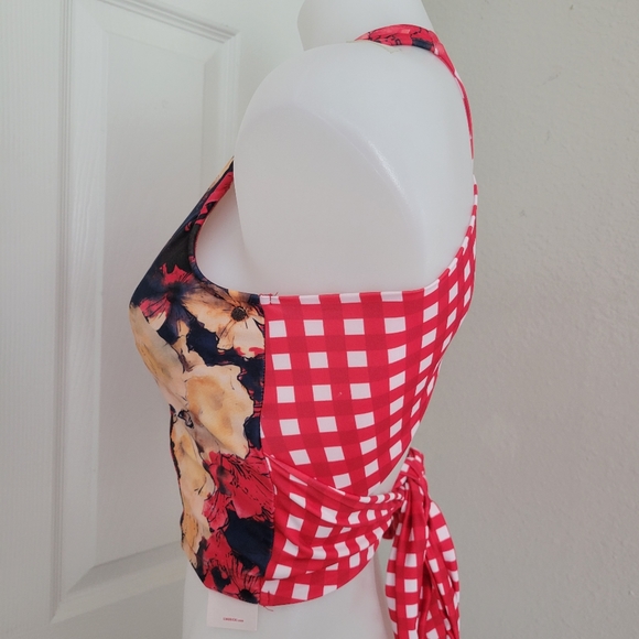 Lime Ricki Watercolor Crossback Tankini Top S NWT Red Floral X Gingham - Picture 4 of 13